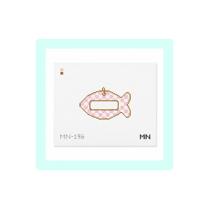 Pink Check Cat Tag Canvas | Needlepoint Canvas | Hand Painted | 13 Mesh | Magnolia Needlepoint