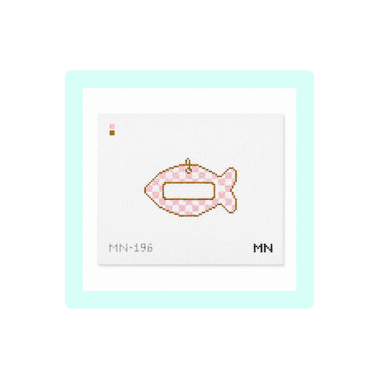 Pink Check Cat Tag Canvas | Needlepoint Canvas | Hand Painted | 13 Mesh | Magnolia Needlepoint