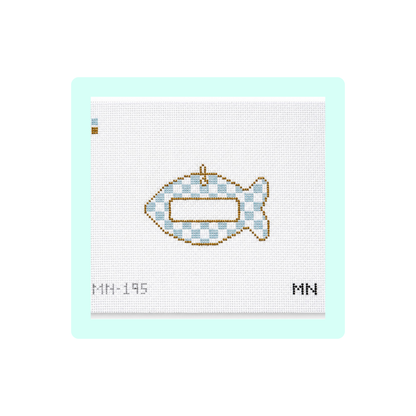 Blue Check Cat Tag Canvas | Needlepoint Canvas | Hand Painted | 13 Mesh | Magnolia Needlepoint