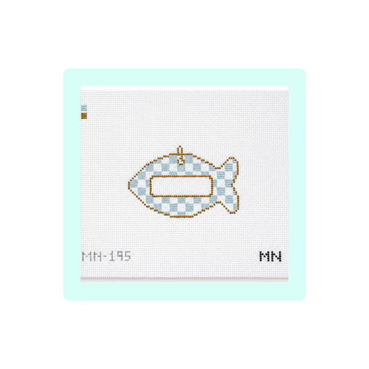 Blue Check Cat Tag Canvas | Needlepoint Canvas | Hand Painted | 13 Mesh | Magnolia Needlepoint