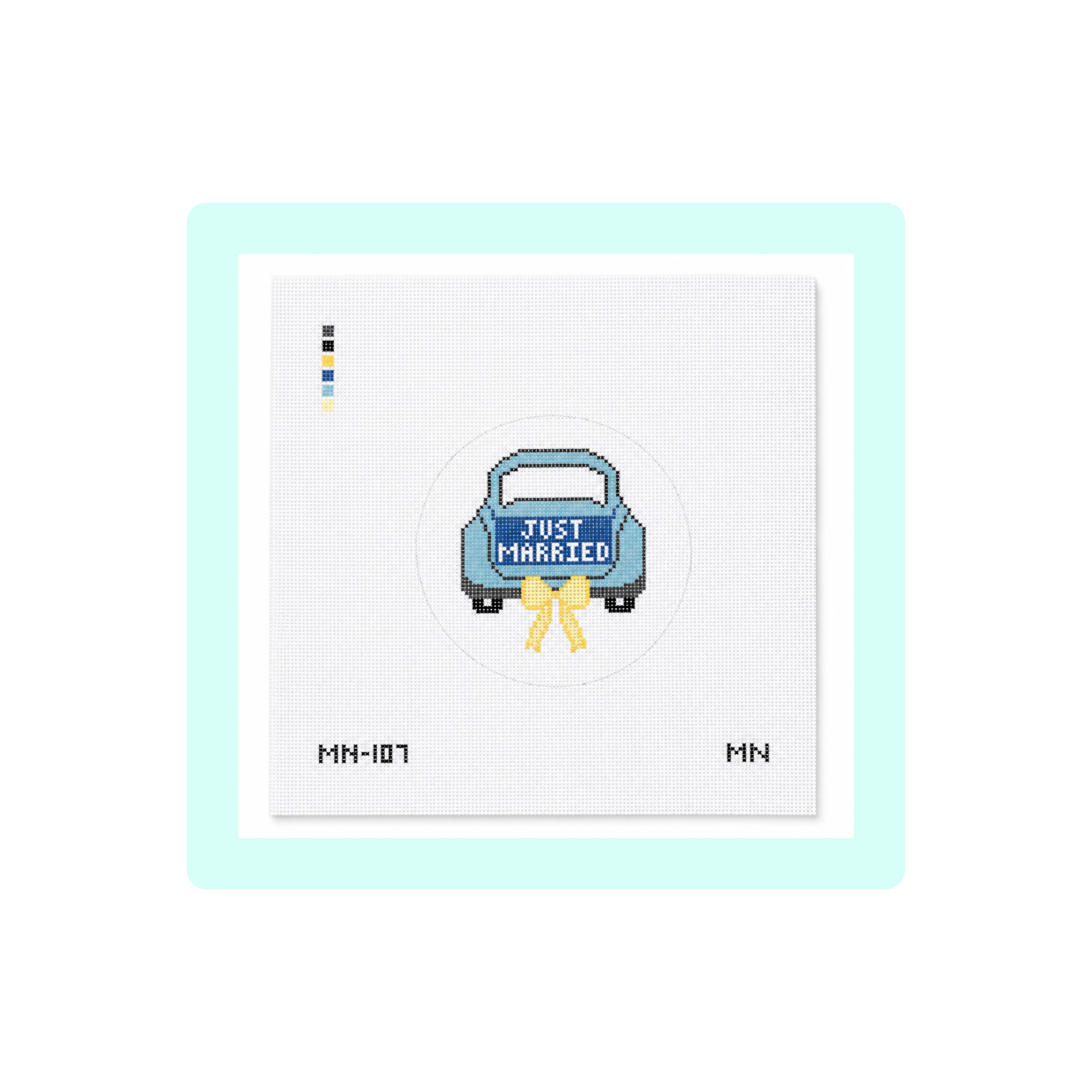 Just Married Teal Car Yellow Bow Canvas | Needlepoint Canvas | Hand Painted | 18 Mesh | Magnolia Needlepoint