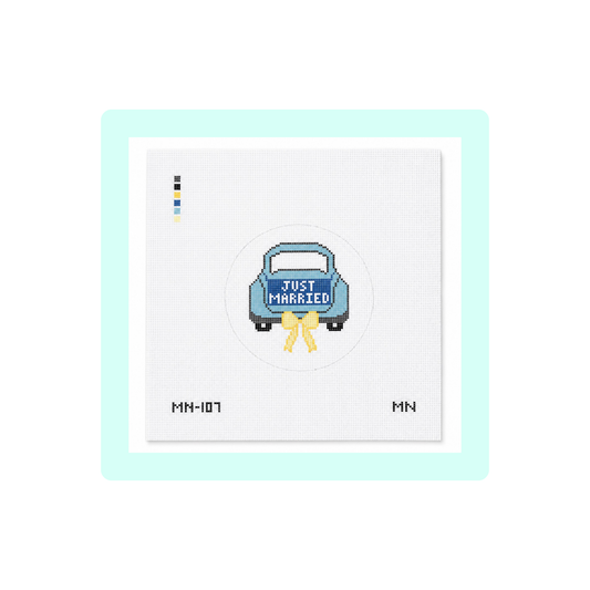 Just Married Teal Car Yellow Bow Canvas | Needlepoint Canvas | Hand Painted | 18 Mesh | Magnolia Needlepoint