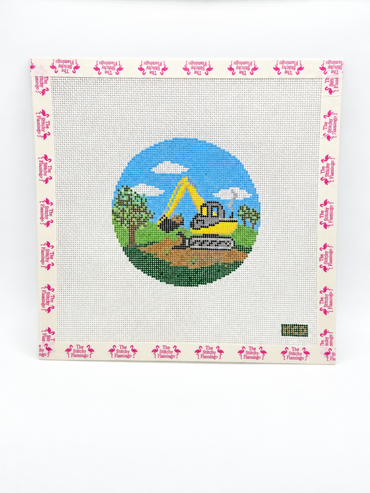 Construction Series: Excavator Needlepoint Canvas | Hand Painted | Kelsey Christina Designs