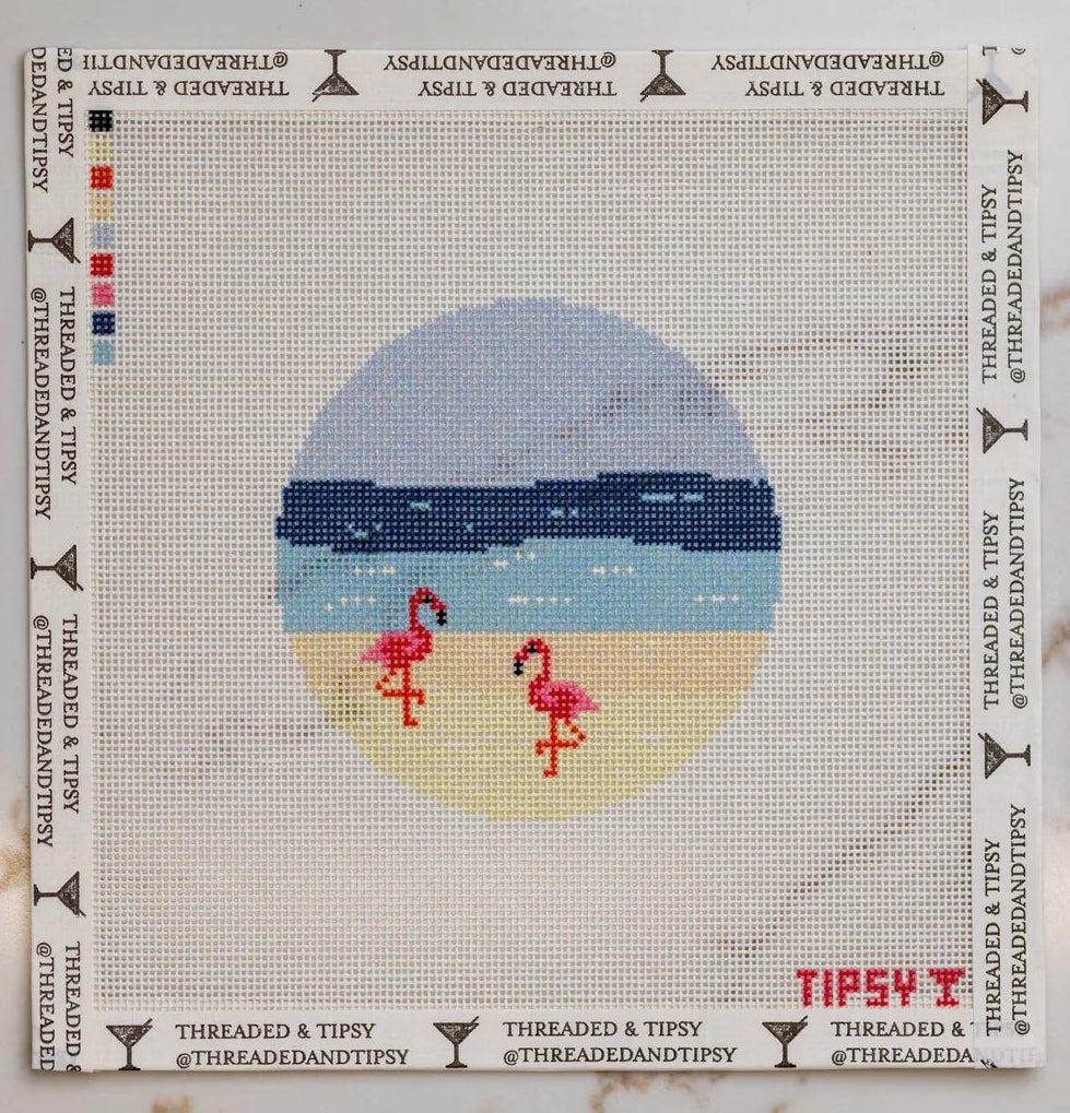 Flamingo Beach | Needlepoint Canvas | Stitch Printed | 18 Mesh | Threaded & Tipsy