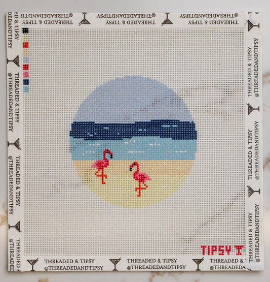 Flamingo Beach | Needlepoint Canvas | Stitch Printed | 18 Mesh | Threaded & Tipsy